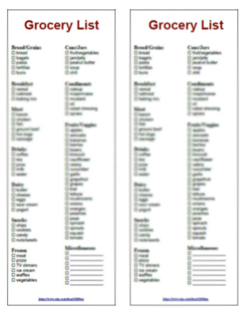 Basic Grocery Shopping List 2 In 1 Printable Instant 