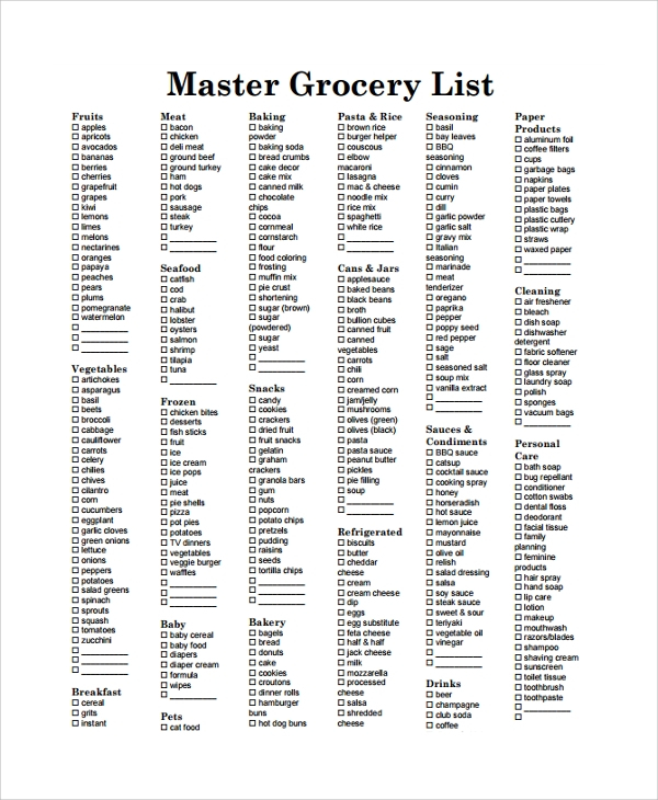 FREE 20 Sample Grocery Lists In PDF