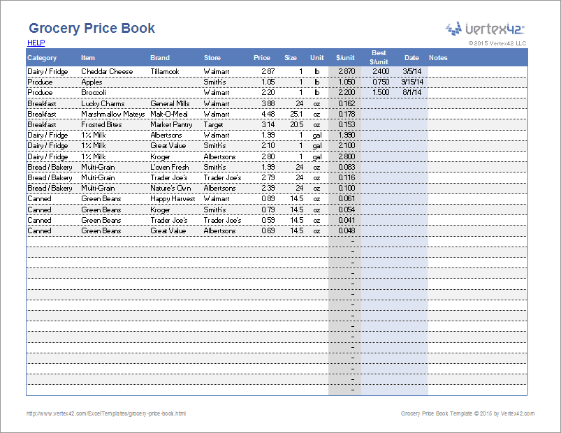 Grocery Price Book Template