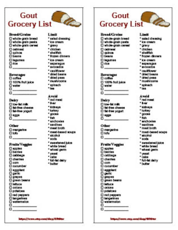 Printable Gout Grocery List Diet Food Etsy