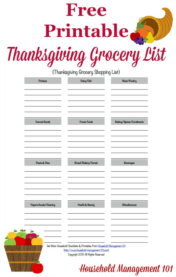 Printable Thanksgiving Grocery List Shopping List