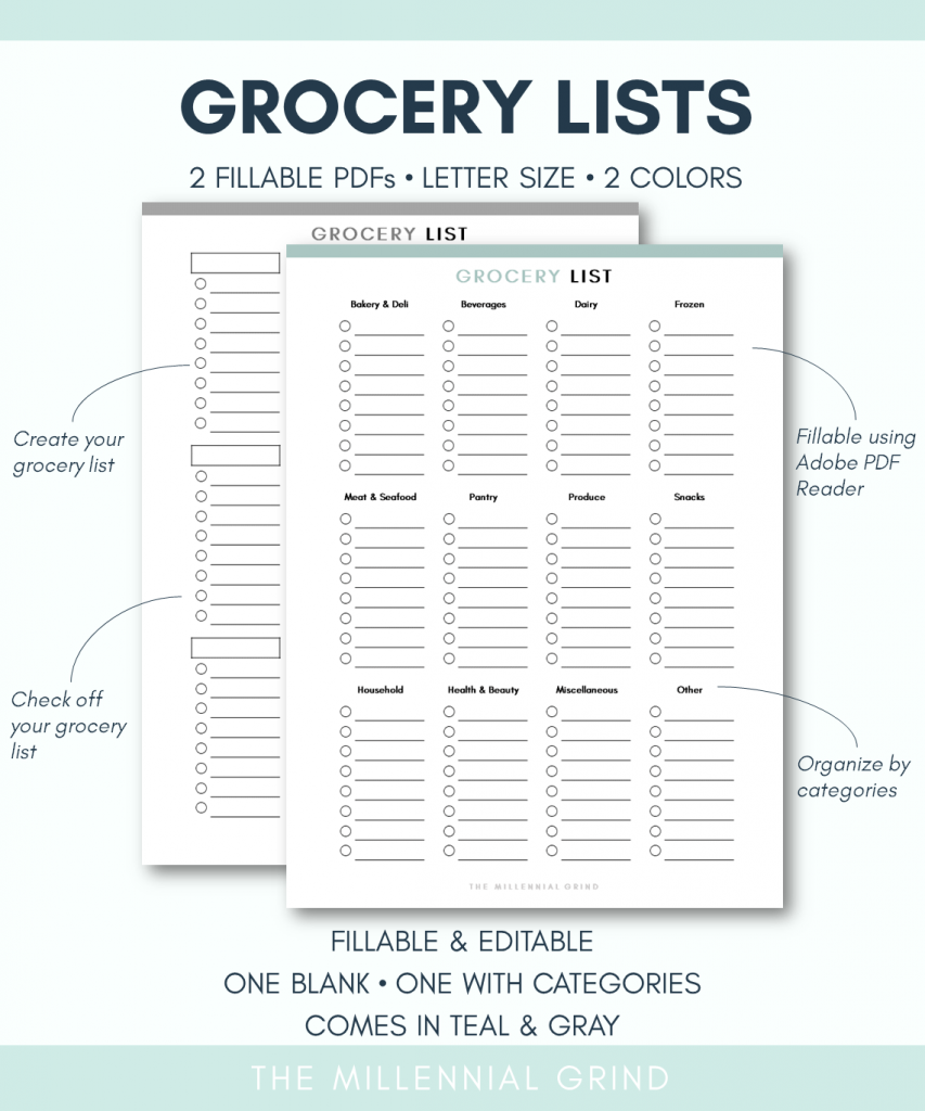 Grocery List Printable Page Instant PDF Download