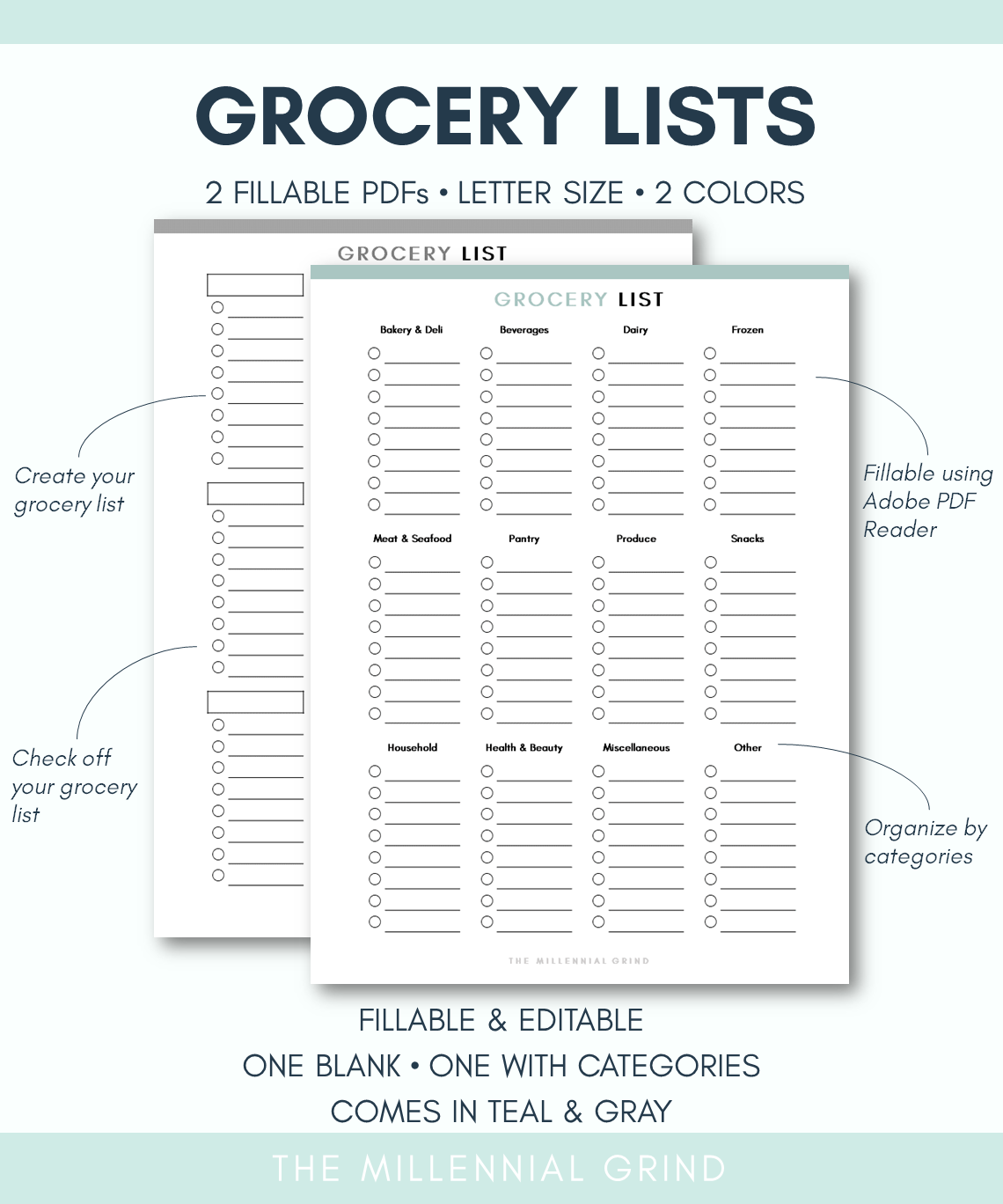 Grocery List Printable Page Instant PDF Download 