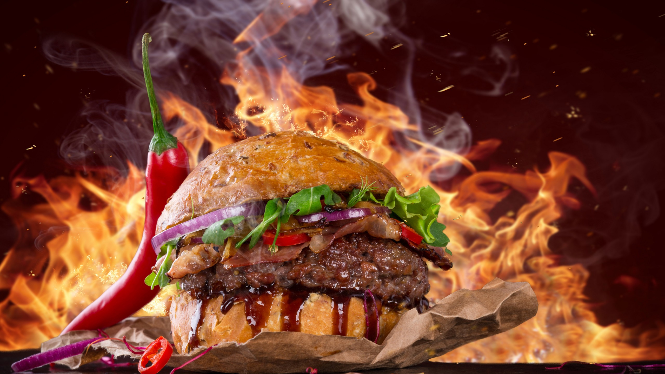 Wallpaper Burger Steak Fire Fast Food Pepper 5k Food 