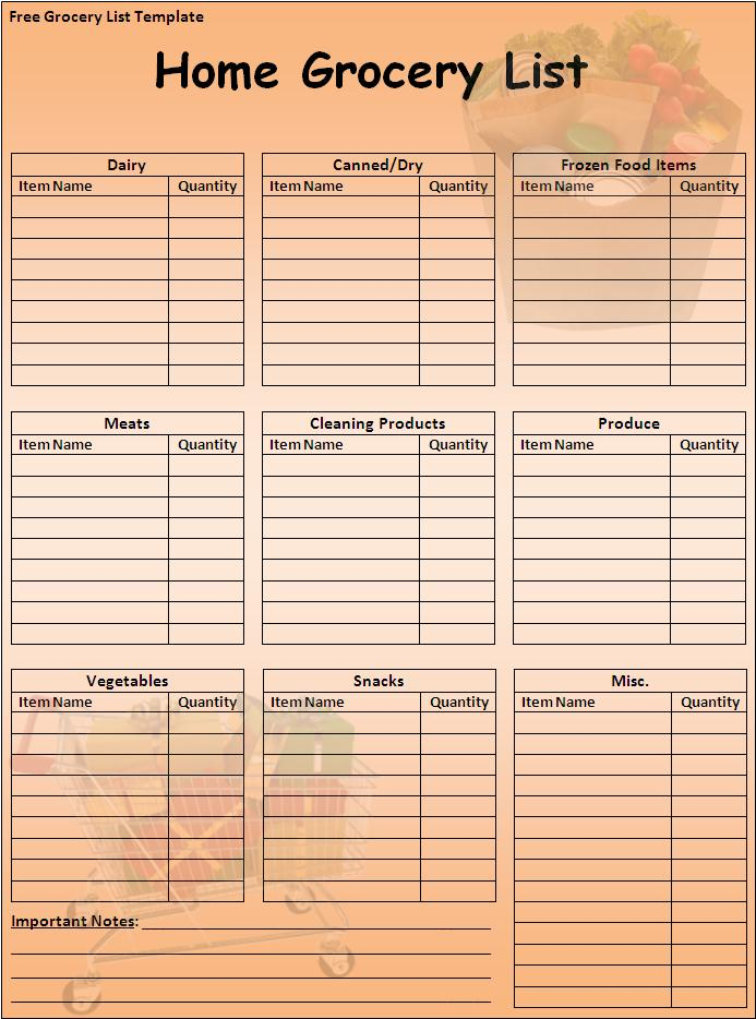 Monthly Grocery List Free Word Templates