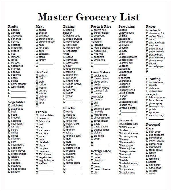 FREE 9 Printable Grocery List Templates In MS Word Excel PDF