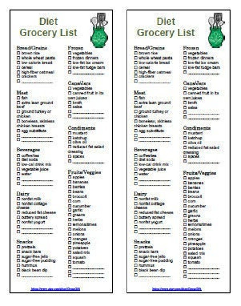 Diet Food Low Calorie Grocery List Printable 2 In 1 PDF Etsy
