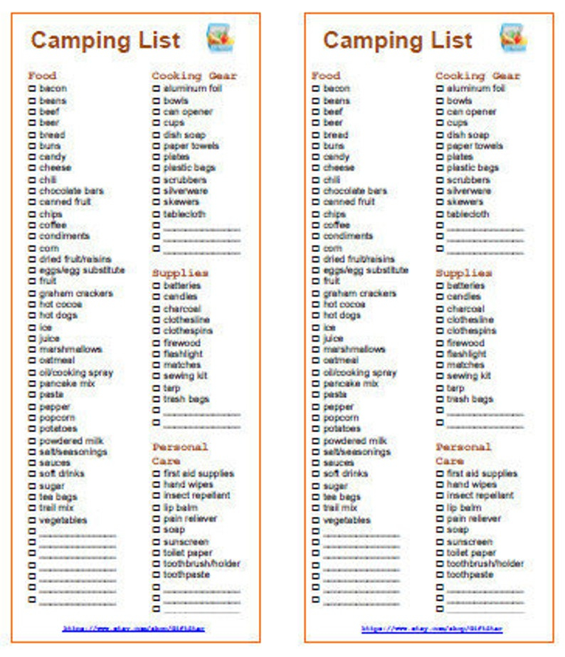 Grocery Shopping List For Camping 2 In 1 PDF Printable Etsy