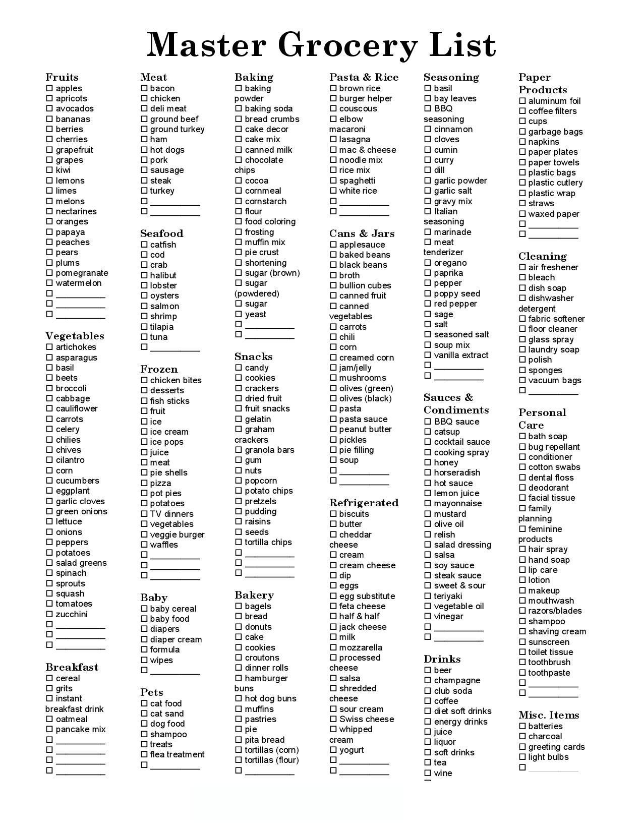 Master Grocery List Grocery List Printable Grocery 