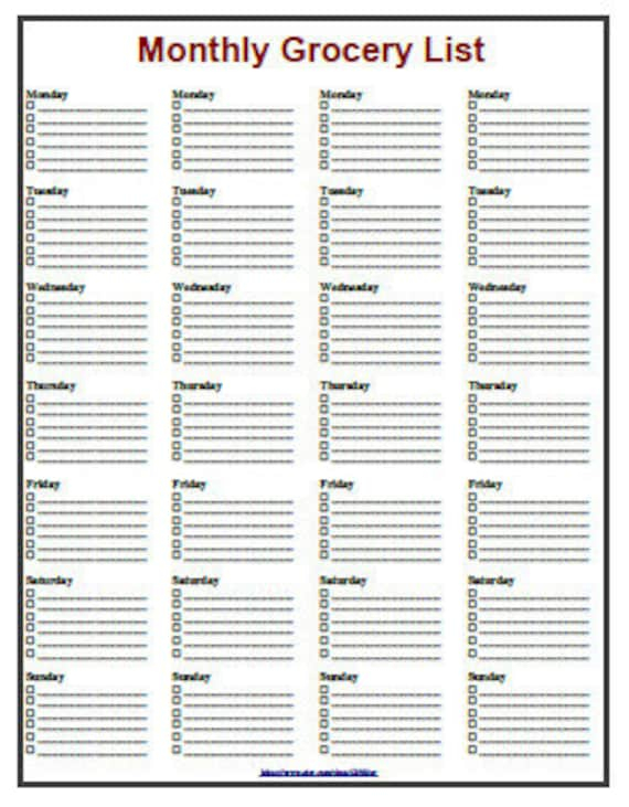 Monthly Grocery List Shopping Printable Instant Download 