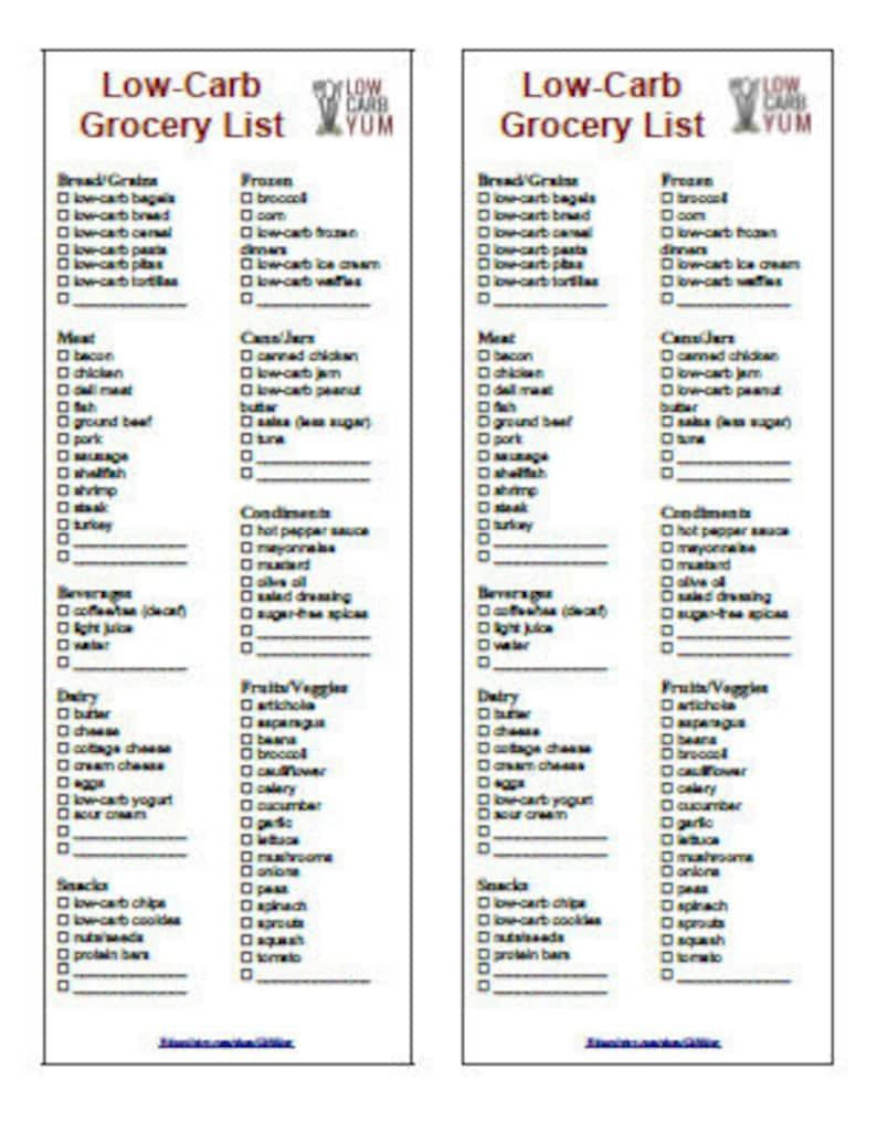 Printable Low Carb Diet 2 In 1 Grocery List Instant 