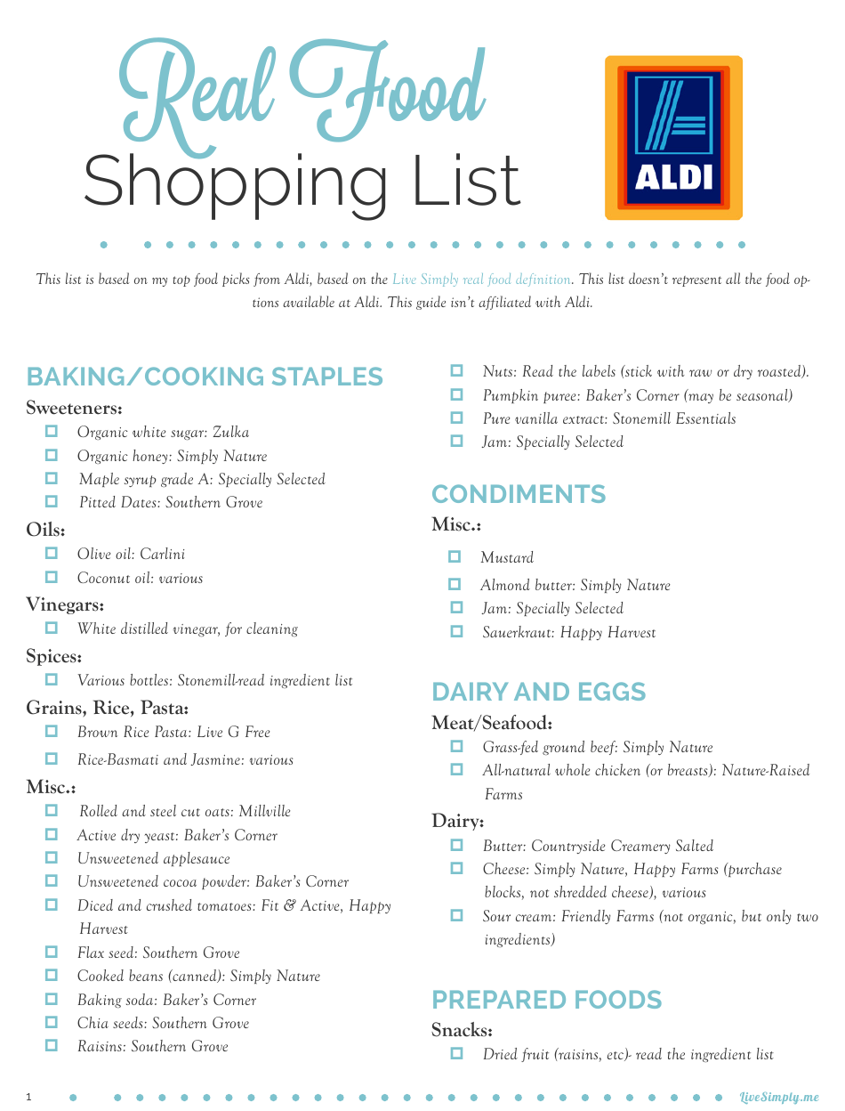 Real Food Shopping List Template Aldi Download Printable 