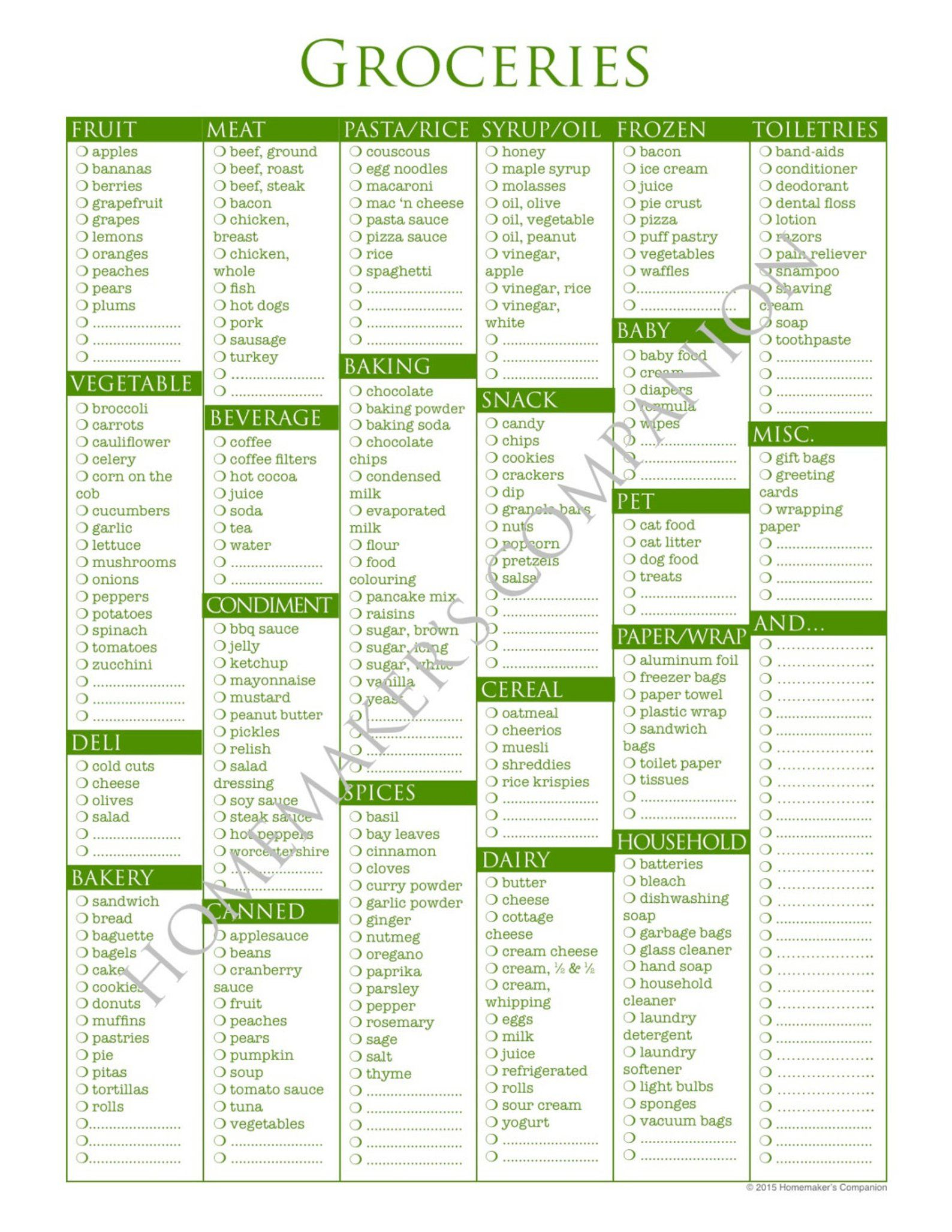 173 Item Customizable Printable Weekly Grocery Shopping 