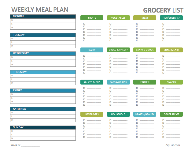 Weekly Meal Planner With Grocery List Grocery List 