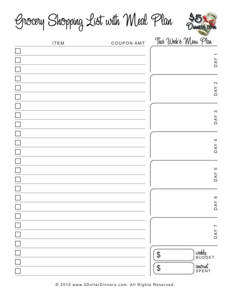 FREE Grocery List Printables 5 Dinners Recipes Meal 