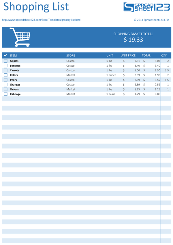 Printable Grocery List And Shopping List Templates For Excel