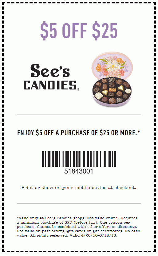 5 Off 25 Sees Candies Printable Coupons Coupons