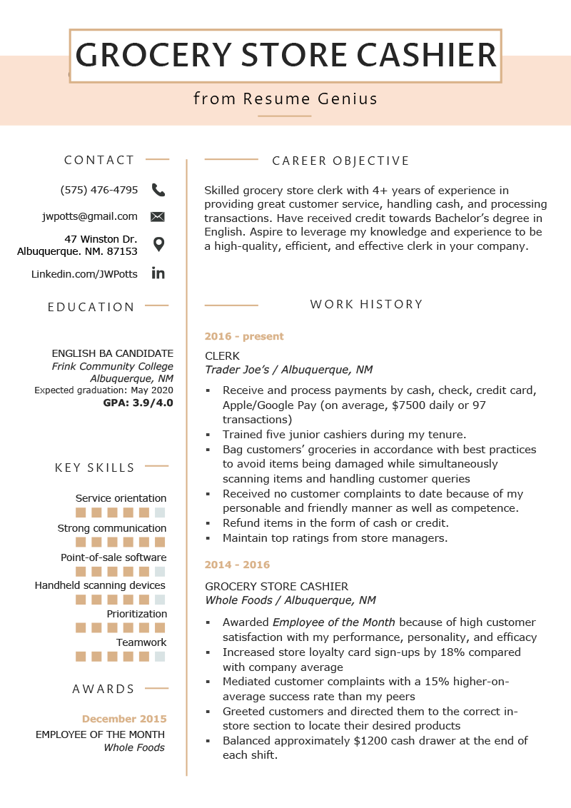 Grocery Store Cashier Resume Sample Tips